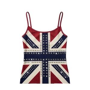 Union Jack Studded Camisole Top Womens Red Blue British Flag Rhinestone Y2K Tank